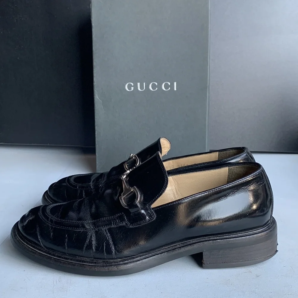Gucci Horsebit Loafers Womens 8B Black Leather Block Heel Slip‎ On Italy Classic - Picture 11 of 17